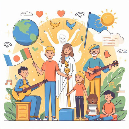 International Day of Peace concept. Group of people with flags and symbols of peace. Vector illustrationのイラスト素材