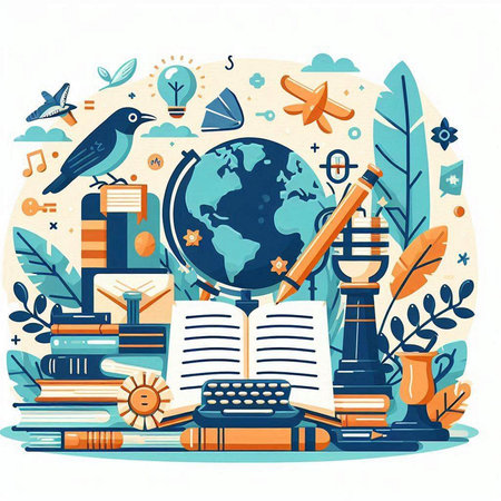Vector illustration with books, globe, bookshelf, lamp and birdのイラスト素材