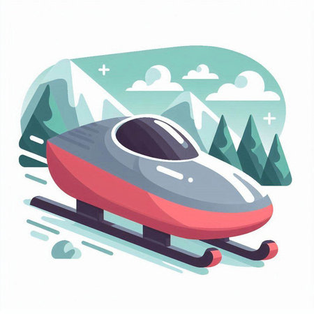 Vector illustration of a snow sled in the mountains. Flat style.のイラスト素材