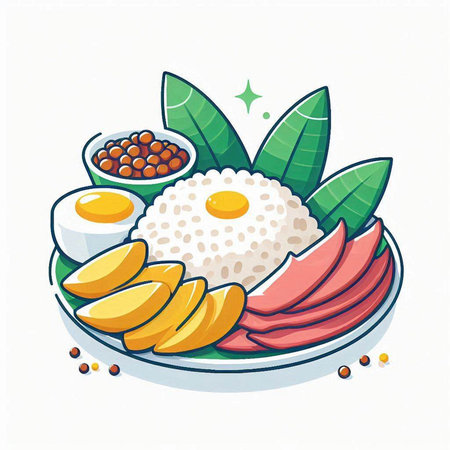 Korean food vector illustration, boiled rice with fried egg, green tea leaves, sliced mango, soybean and kimchiのイラスト素材