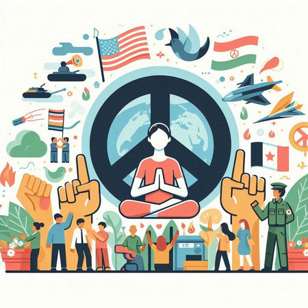 Vector illustration of people meditating in the lotus position with peace sign on white background.のイラスト素材