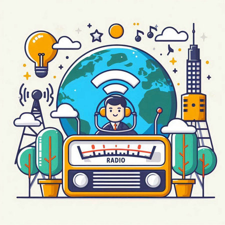Vector illustration of radio station with headphones and world map. Line art style design.のイラスト素材