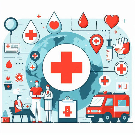 Vector illustration of healthcare and medical concept with doctor, ambulance, first aid kit, map, world map and people.のイラスト素材