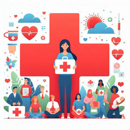 Health care and medicine concept. Vector illustration in flat style with people.のイラスト素材