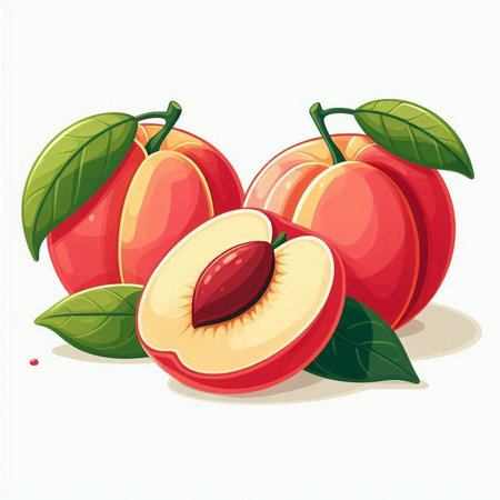 Peach vector illustration isolated on white background. Fresh fruit with leaf.のイラスト素材