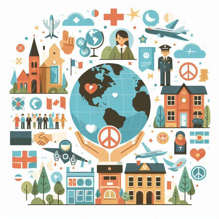 Vector illustration of the world in the hands of people around the globe.のイラスト素材