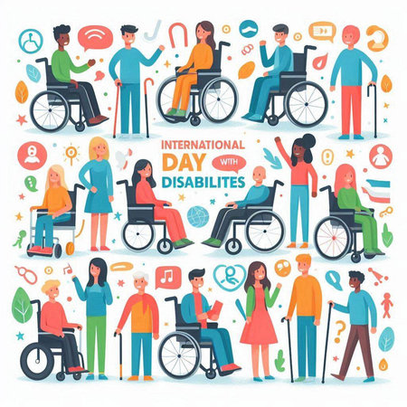 Disabled people concept. Handicapped people with disabilities, handicapped people, handicapped men and women on wheelchair vector illustrationのイラスト素材