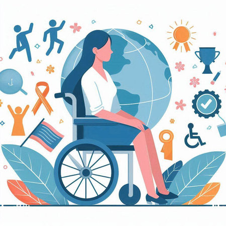 Vector illustration of disabled woman in wheelchair with world map and icons.のイラスト素材