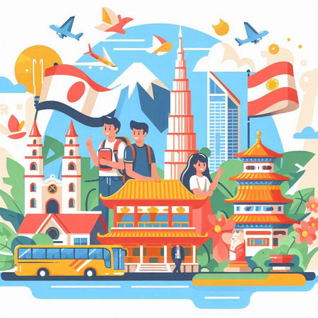 Tourists traveling in China. Vector illustration in flat cartoon style.のイラスト素材
