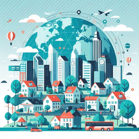 Cityscape with buildings, roads and trees. Vector illustration in flat styleのイラスト素材