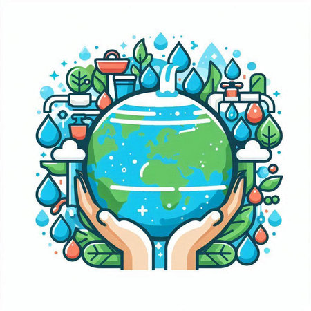 Save water concept. Vector illustration in thin line style. Hand holding Earth globe.のイラスト素材