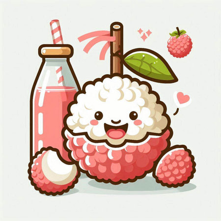 Litchi fruit cartoon character with a bottle of strawberry juice.のイラスト素材