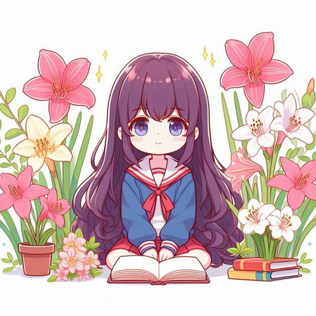Cute little girl reading a book with flowers. Vector illustration.のイラスト素材