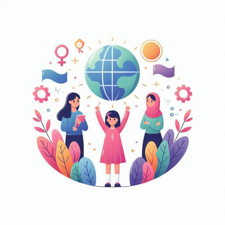 Group of diverse women standing around the globe. Vector illustration in flat styleのイラスト素材