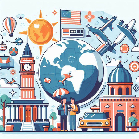 Travel around the world. Vector illustration in flat design style. Traveling around the world.のイラスト素材