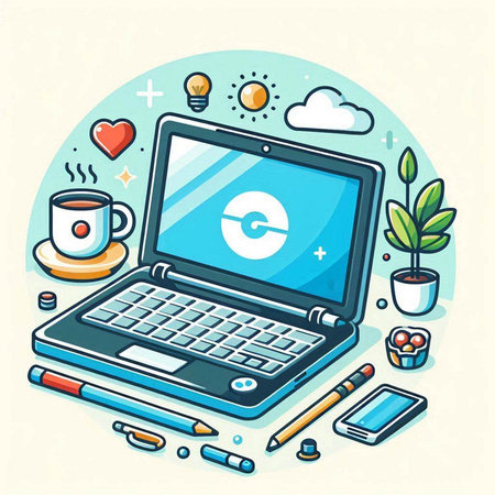 Laptop computer with social media icons. Vector illustration in flat styleのイラスト素材