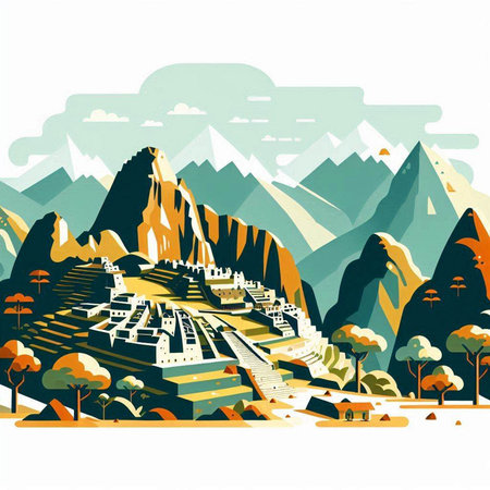 Landscape with mountains and village in flat style. Vector illustration.のイラスト素材