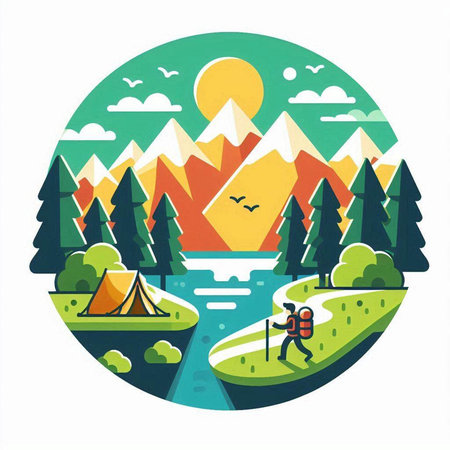Camping and hiking in the forest. Vector illustration in flat styleのイラスト素材