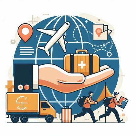 Vector illustration of human hand holding suitcase and cardboard boxes on background of world map.のイラスト素材