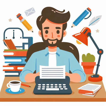 Man working at his desk with a typewriter. Flat style vector illustration.のイラスト素材