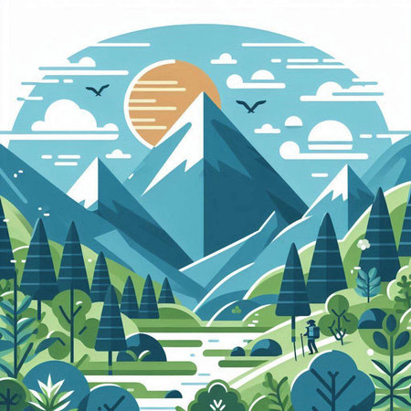 Mountain landscape with lake and forest. Flat style vector illustration.のイラスト素材