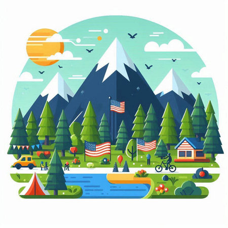 Camping in nature. Vector illustration in flat style. Camping in the forest.のイラスト素材