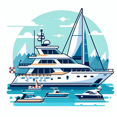 Yachts and boats on the sea. Vector illustration in flat styleのイラスト素材