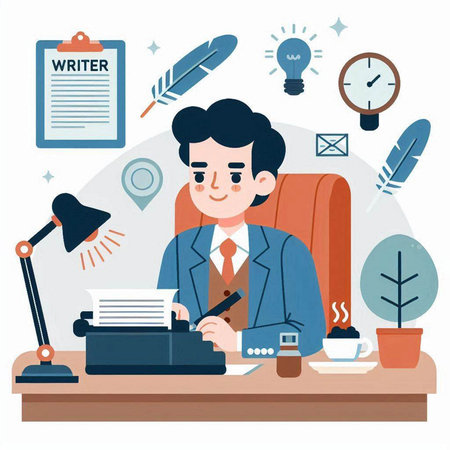 Man working on typewriter in office. Vector illustration in flat styleのイラスト素材