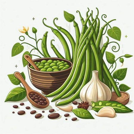 Vegetables and herbs. Vector illustration of fresh green beans, garlic, pea pods, leaves and spices.のイラスト素材