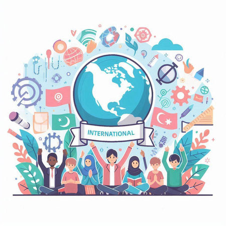 Vector illustration of people around the globe. Global education concept. Flat design.のイラスト素材