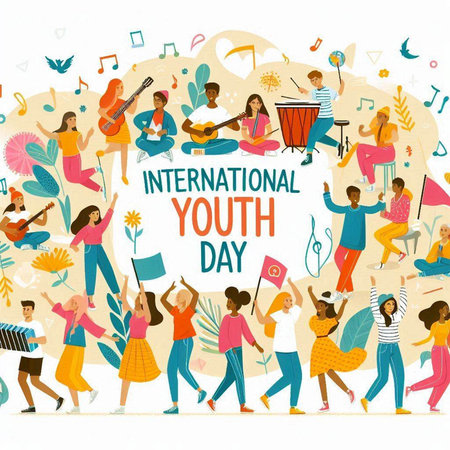 International Youth Day greeting card with people and musical instruments. Vector illustration.のイラスト素材