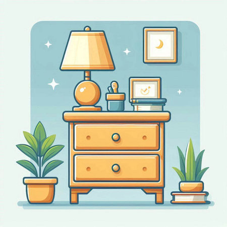 Illustration of a nightstand with a lamp and potted plantsのイラスト素材