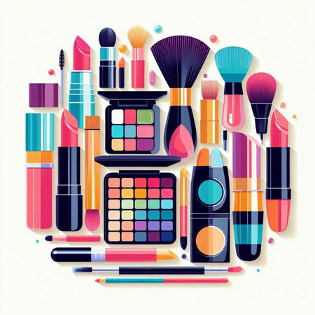 Vector set of decorative cosmetics in flat style. Makeup brushes and eye shadows.のイラスト素材