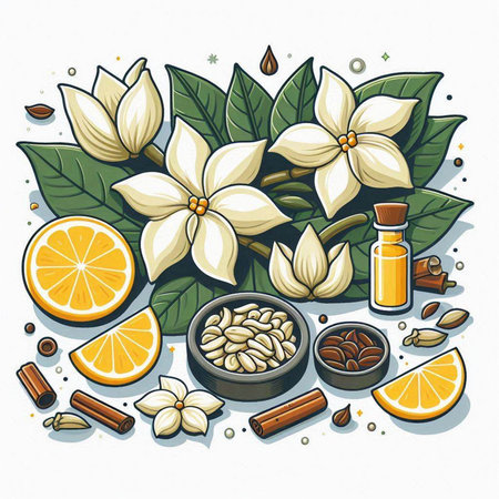 Coffee ingredients. Vector illustration of coffee beans, cinnamon, lemon, cloves, star anise, sunflower seeds.のイラスト素材