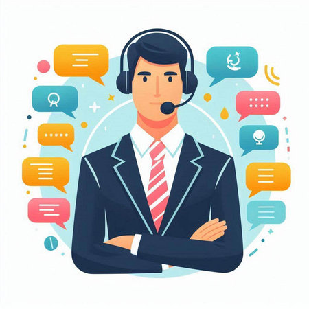 Call center, customer support agent with headset. Vector illustration in flat styleのイラスト素材