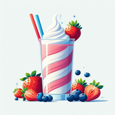 Milkshake with whipped cream and fresh berries. Vector illustration.のイラスト素材