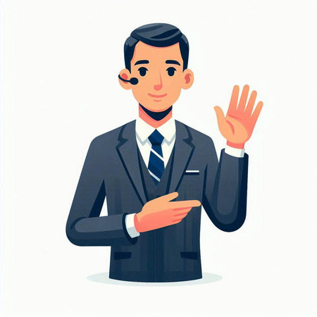 Businessman in suit shows stop gesture. Vector illustration in cartoon styleのイラスト素材