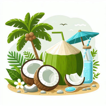 Coconut drink with palm and leaves on the beach vector illustrationのイラスト素材