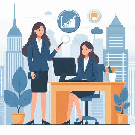 Vector illustration of businesswoman working in office. Flat style design.のイラスト素材