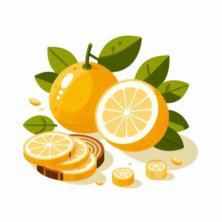Vector illustration of fresh orange with slices and leaves isolated on white backgroundのイラスト素材