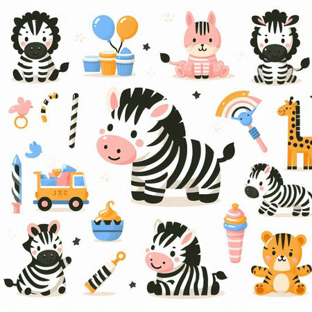 Cute cartoon zebra, giraffe, zebra, elephant, ice cream, car, birthday party, vector illustrationのイラスト素材