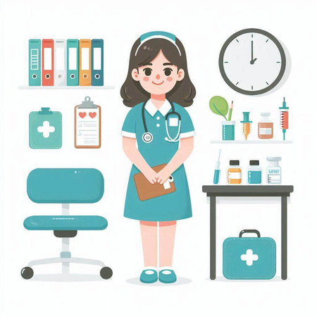 Female doctor with stethoscope and clipboard in office. Vector illustrationのイラスト素材