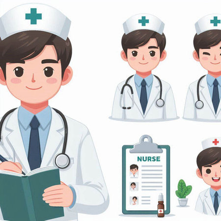 Medical doctor cartoon character vector illustration set. Doctor, nurse, surgeon, physician, nurse, physician, doctor, doctor, nurse, nurse, physician, doctor, physician, medical staffのイラスト素材