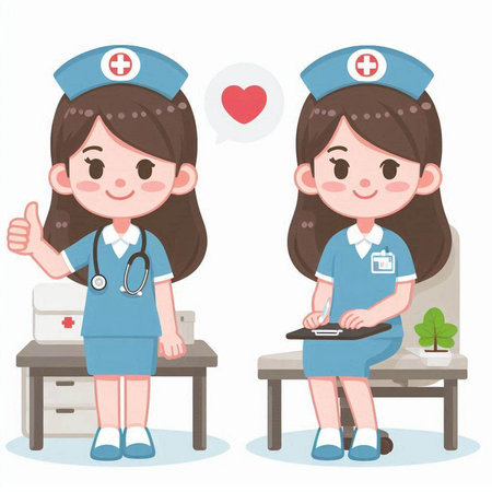 Nurse and doctor with thumb up. Vector illustration of cute cartoon character.のイラスト素材
