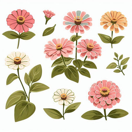 Set of vector hand drawn zinnia flowers isolated on white backgroundのイラスト素材