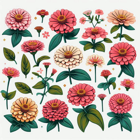 Set of blooming colorful zinnia flowers. Vector illustration.のイラスト素材