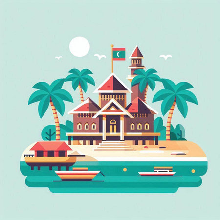 Flat style vector illustration of a tropical island in the sea. Travel and vacation concept.のイラスト素材
