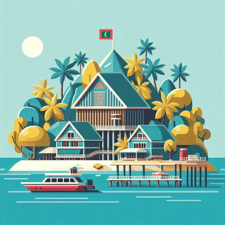 Tropical island with palm trees, boats and houses. Vector illustration.のイラスト素材