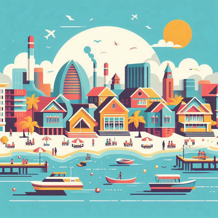 Cityscape with buildings, boats and palm trees. Vector illustration.のイラスト素材