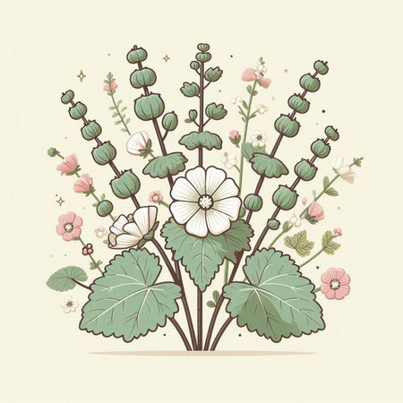 Hand drawn vector illustration of a bouquet of mallow flowers.のイラスト素材